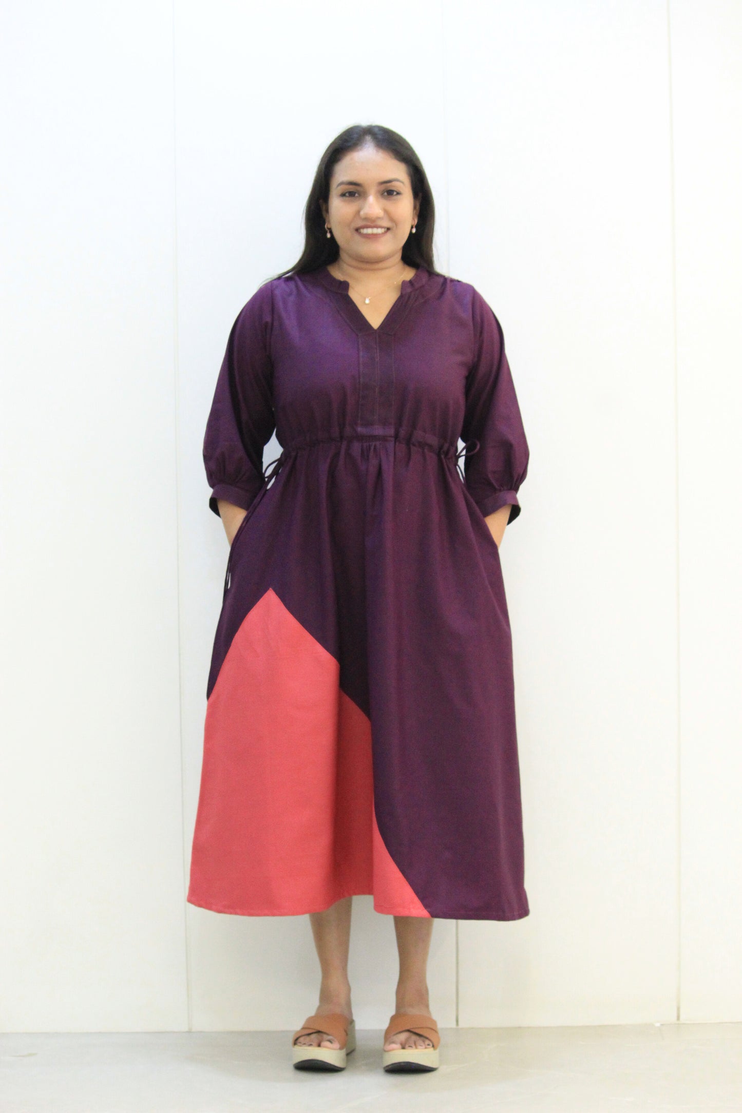 Yashna – Wine & Coral Pink Colorblock Cotton Dress