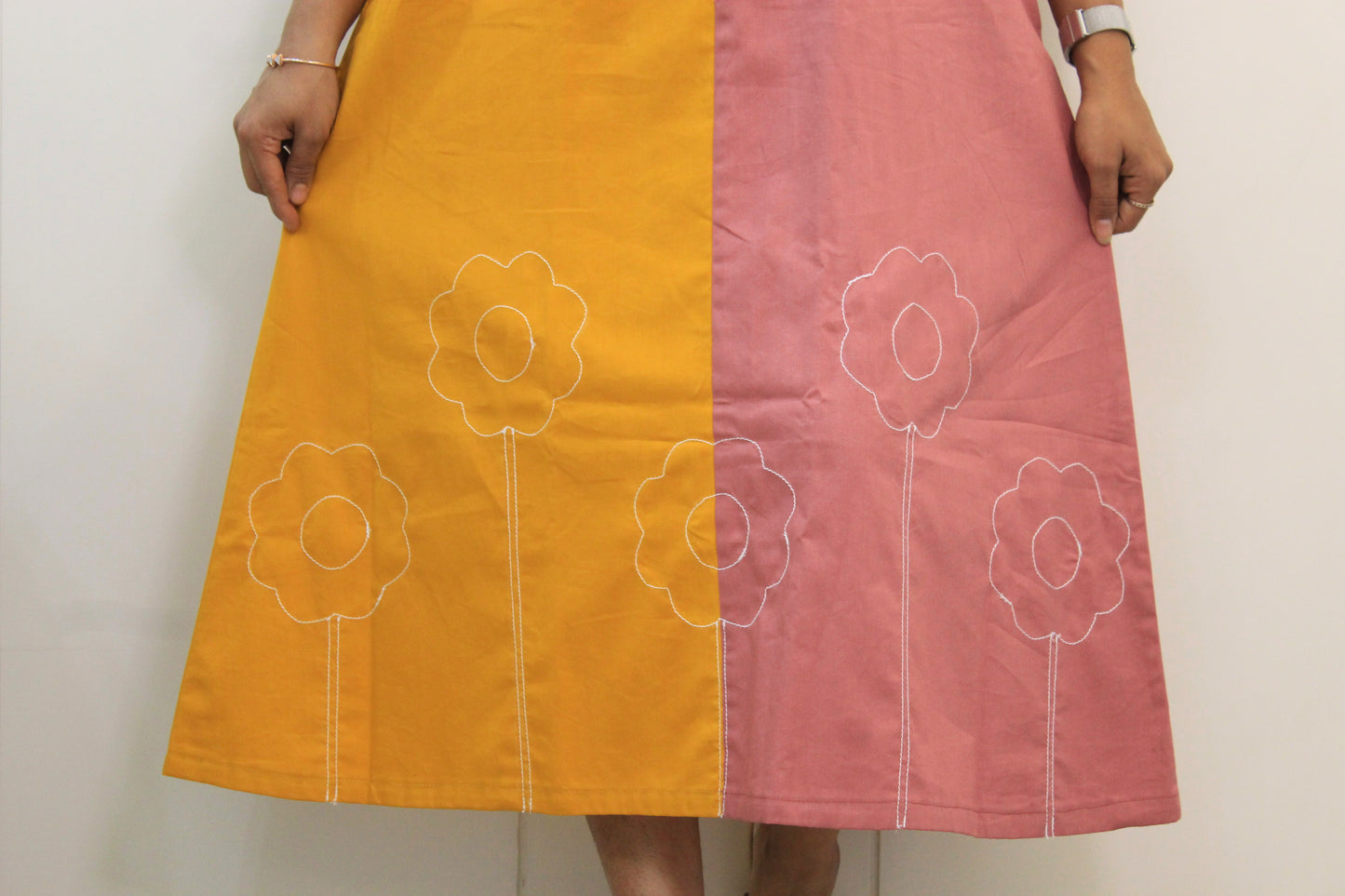 Mohini – Mustard & Pink Flower Embroidered Cotton Dress