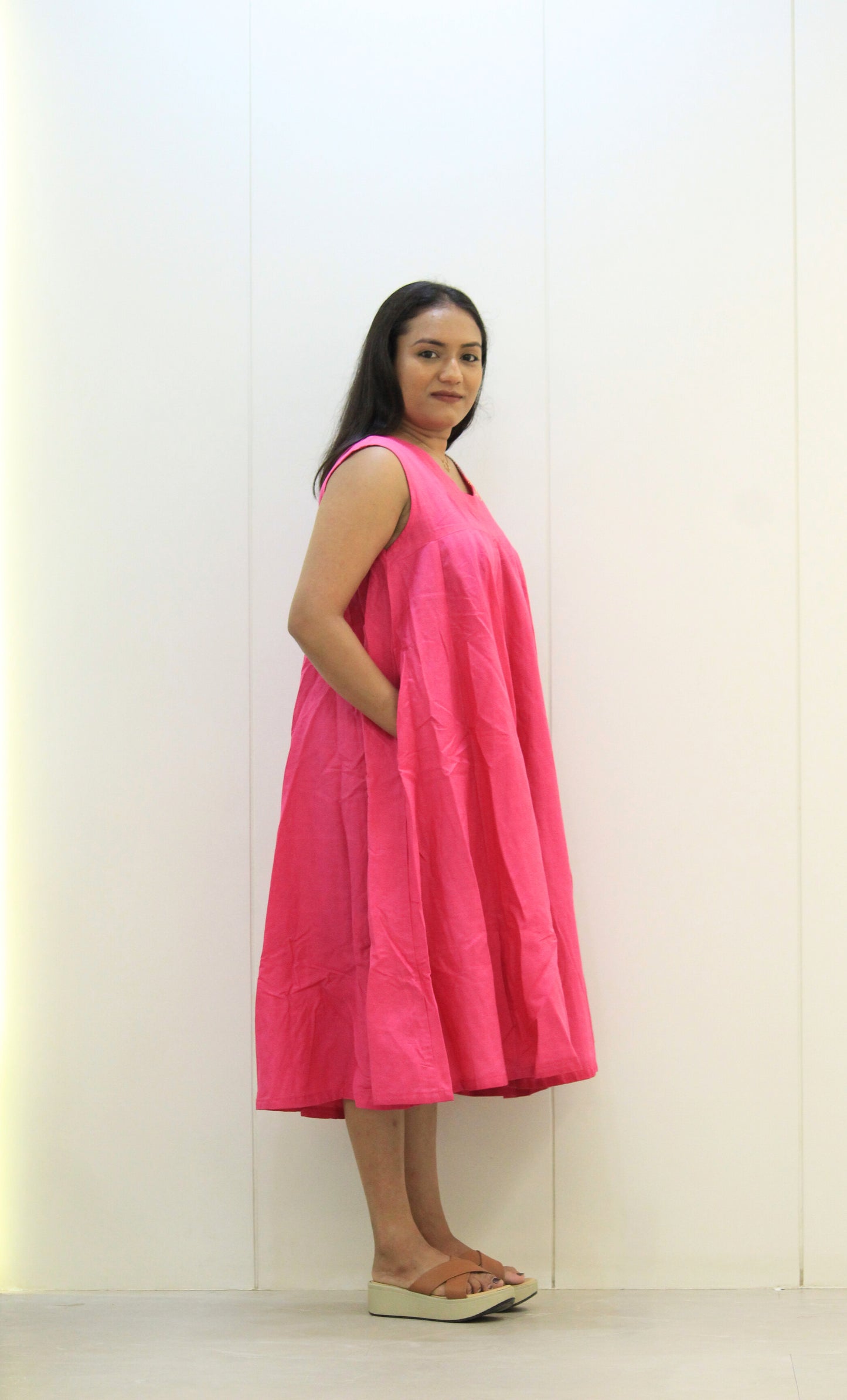 Pankhuri - Pink Embroidered Flared Cotton Dress