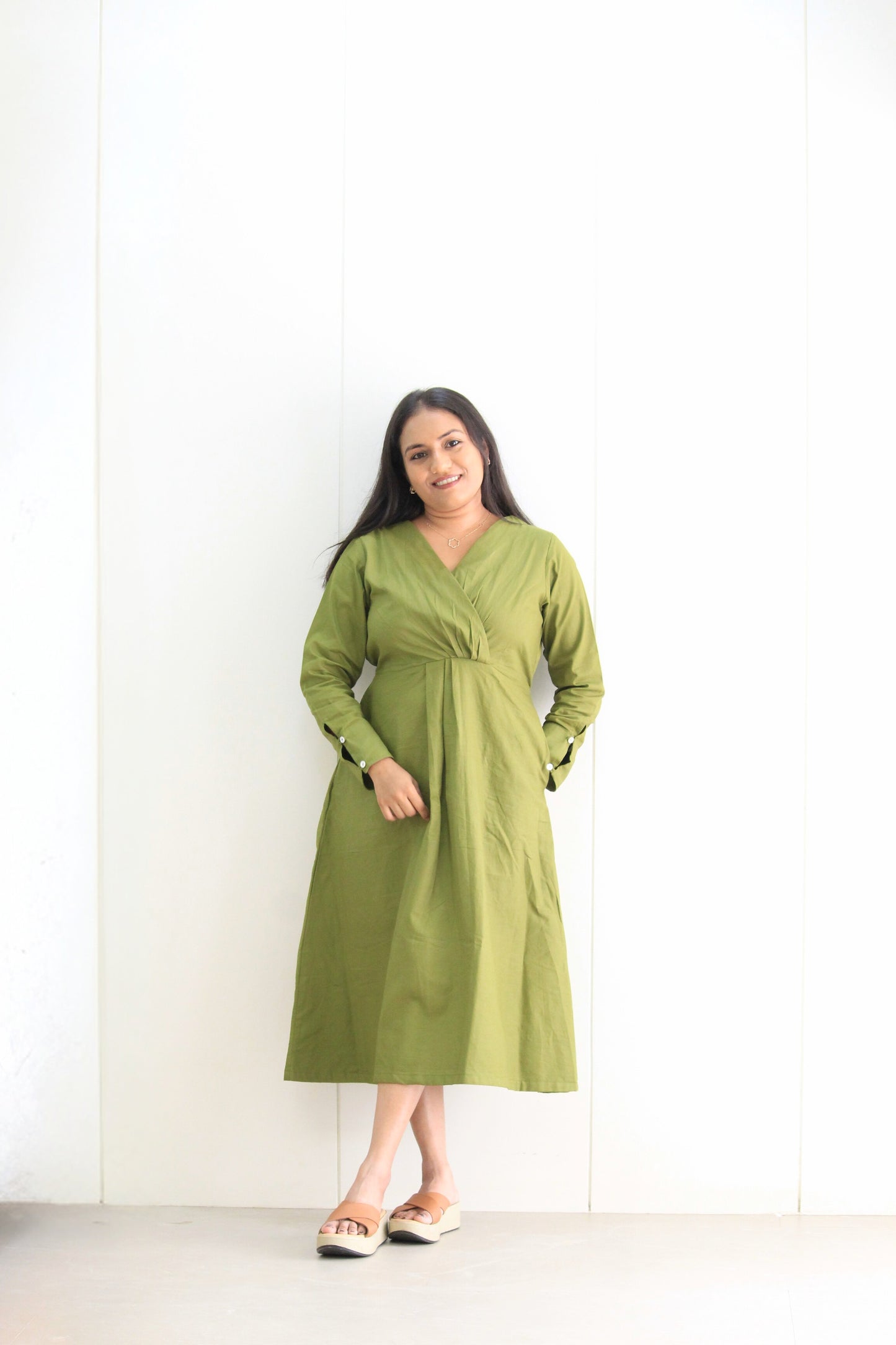 Vedika – Mehndi Green Solid Cotton Dress