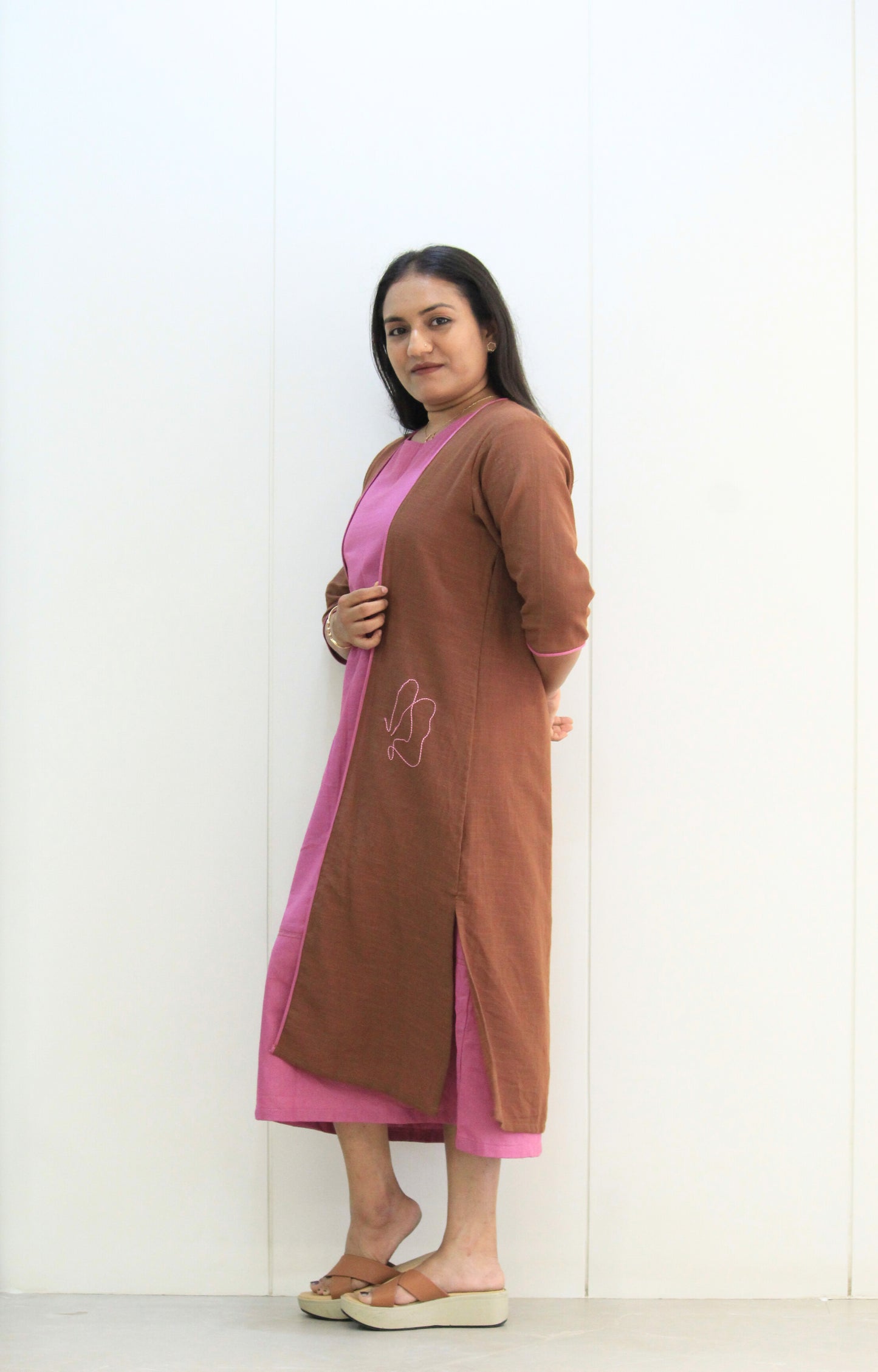 Kavya – Pink & Brown Shrug Cotton Dress