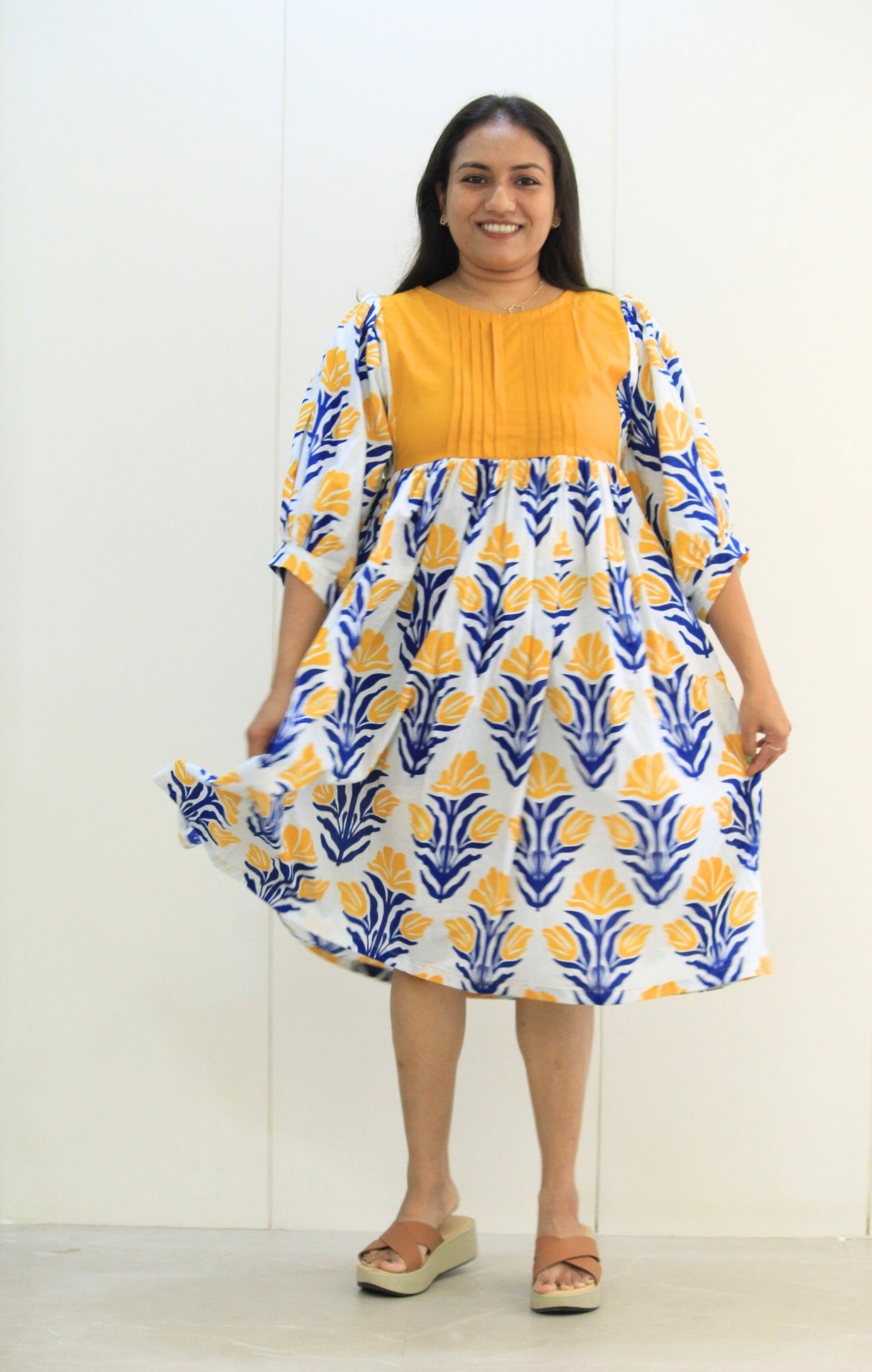 Kanika – Yellow Yoke Floral Printed Cotton Dress