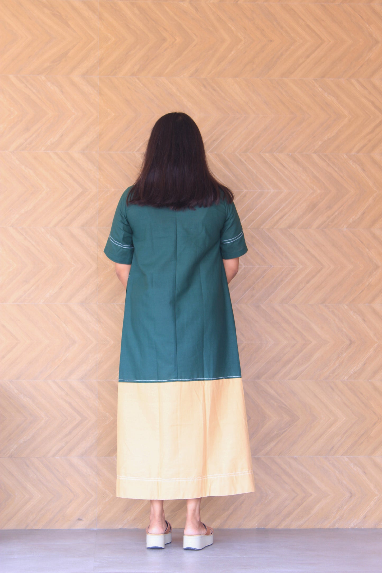 Prakruti – Green & Beige Colour Block Cotton Dress
