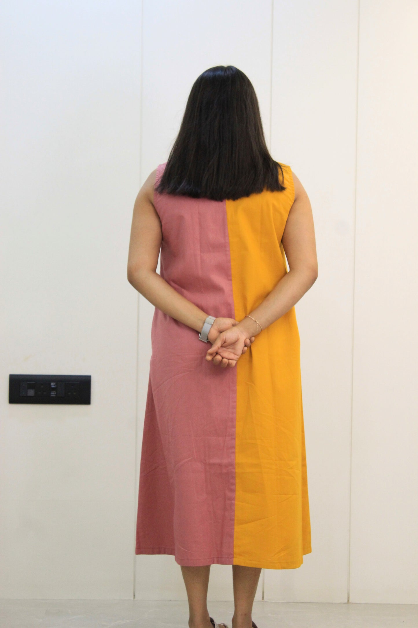 Mohini – Mustard & Pink Flower Embroidered Cotton Dress