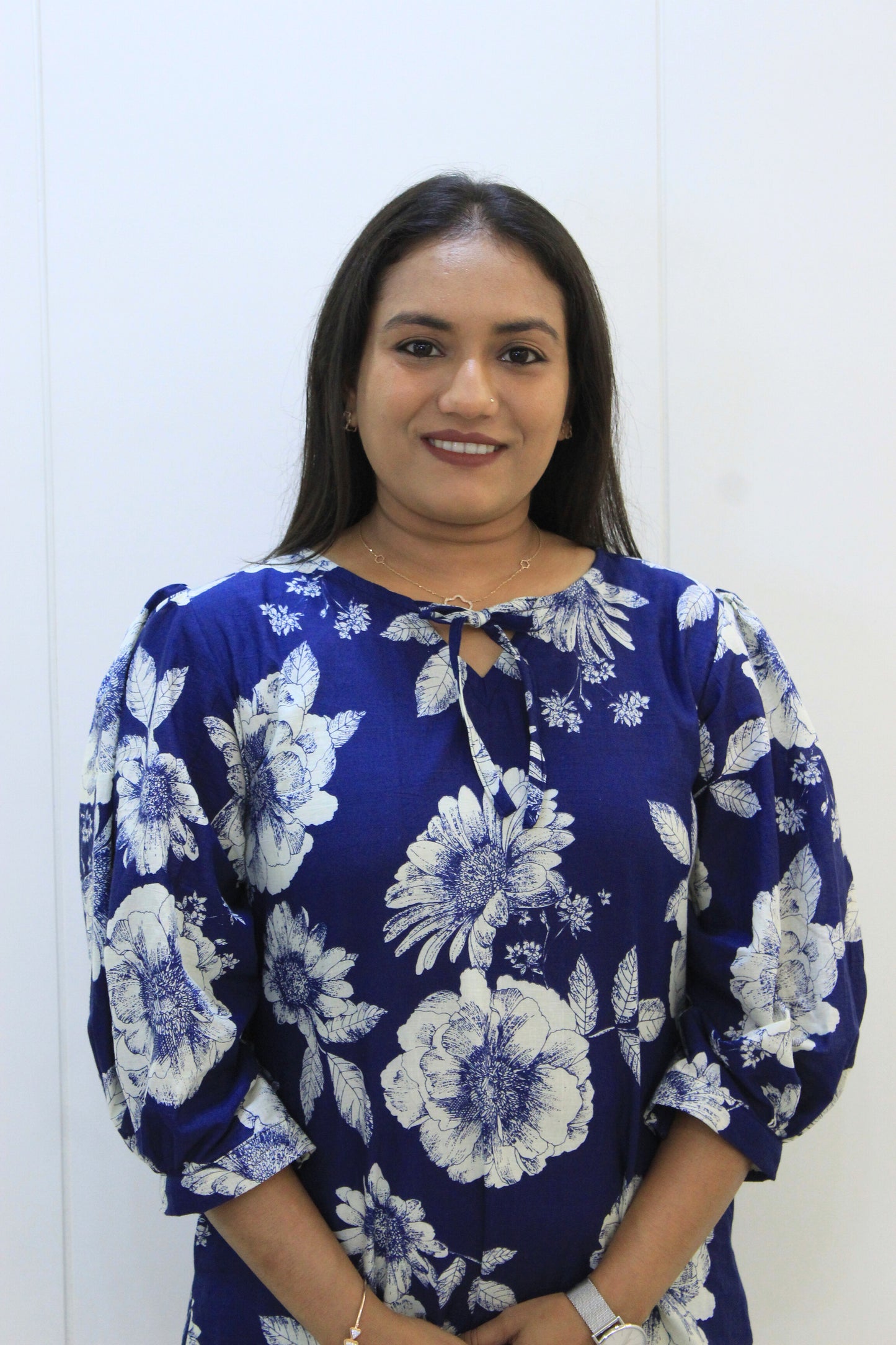 Naina – Blue Floral Cotton Dress with Balloon Sleeves