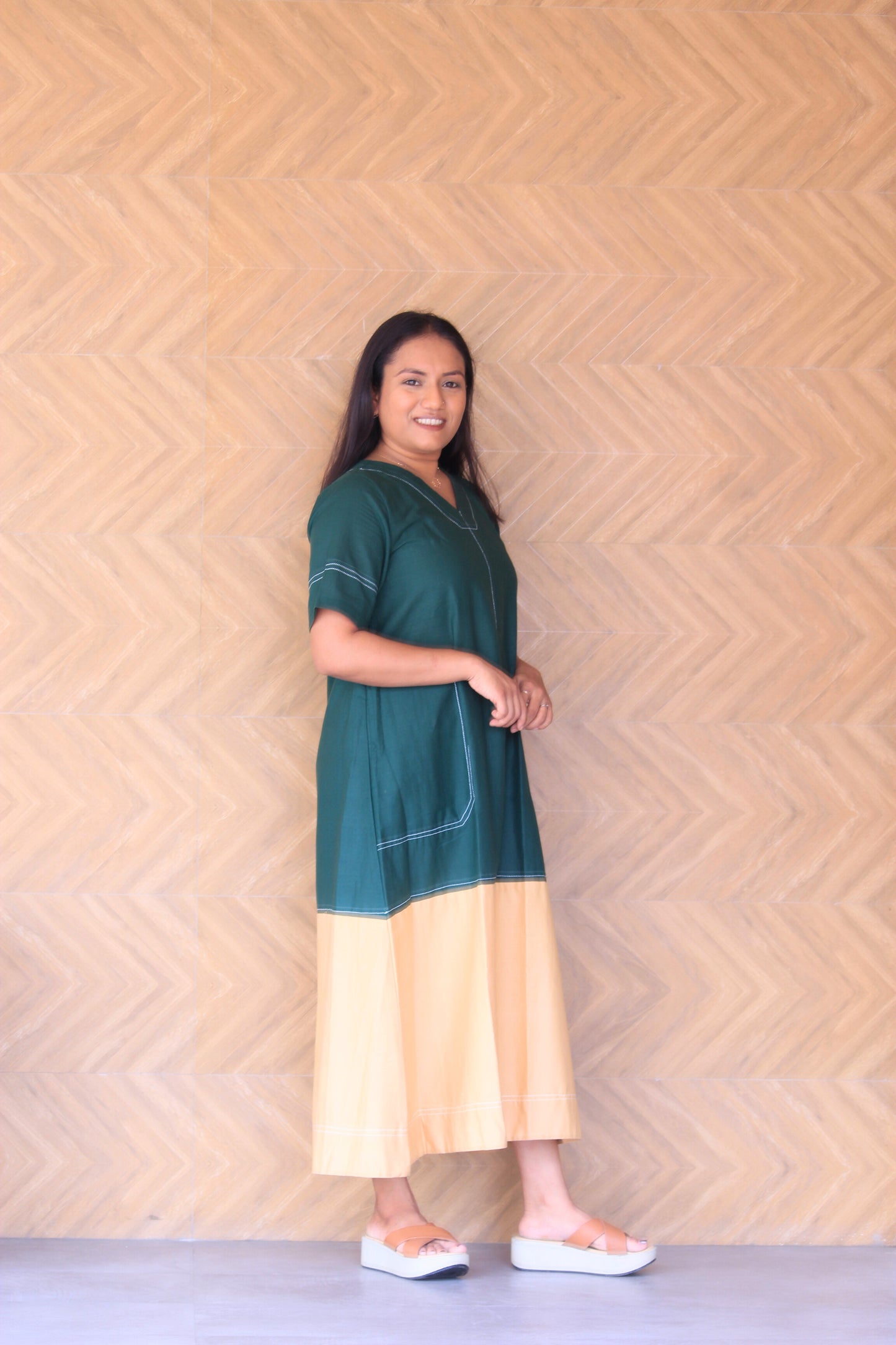Prakruti – Green & Beige Colour Block Cotton Dress