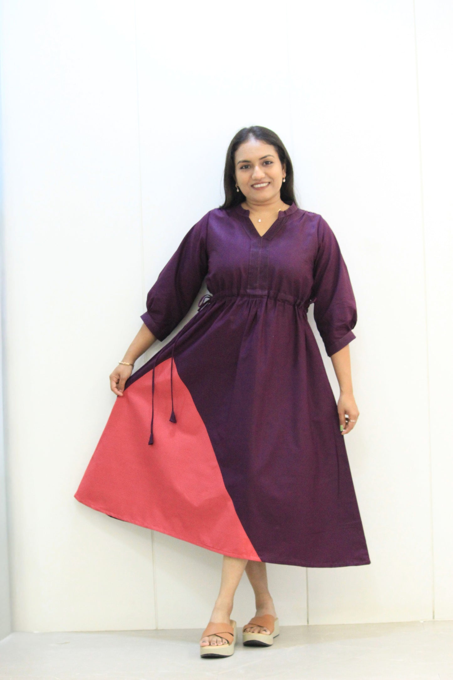 Yashna – Wine & Coral Pink Colorblock Cotton Dress