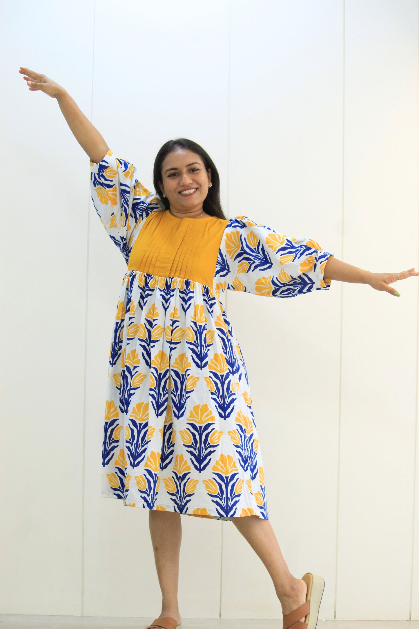 Kanika – Yellow Yoke Floral Printed Cotton Dress