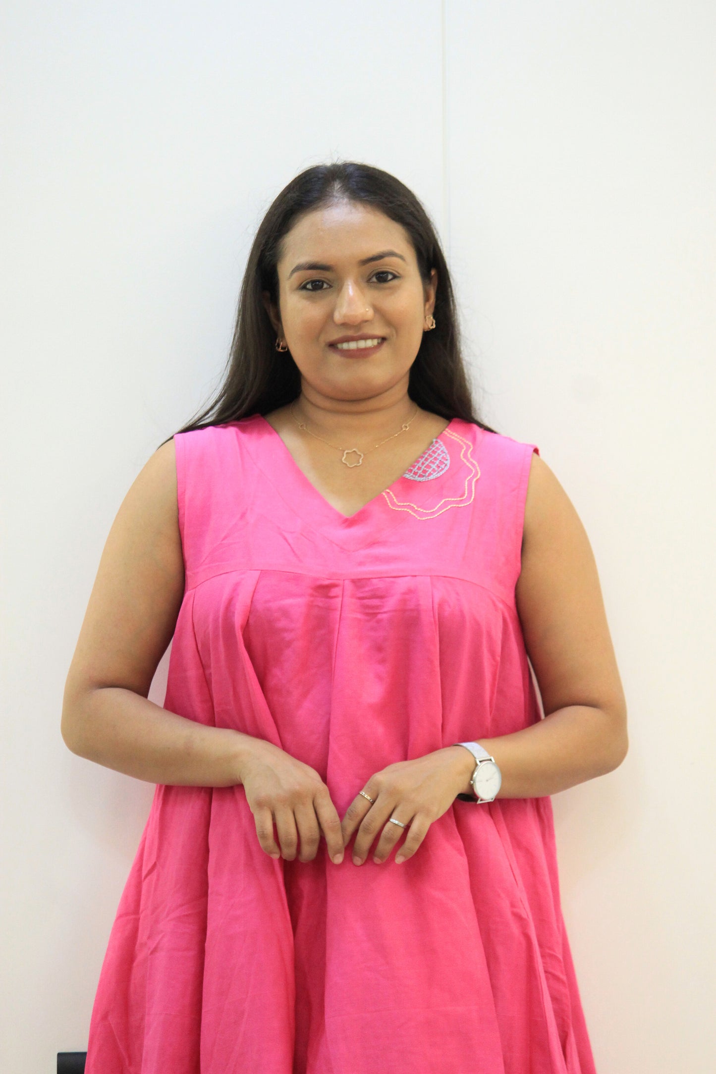 Pankhuri - Pink Embroidered Flared Cotton Dress