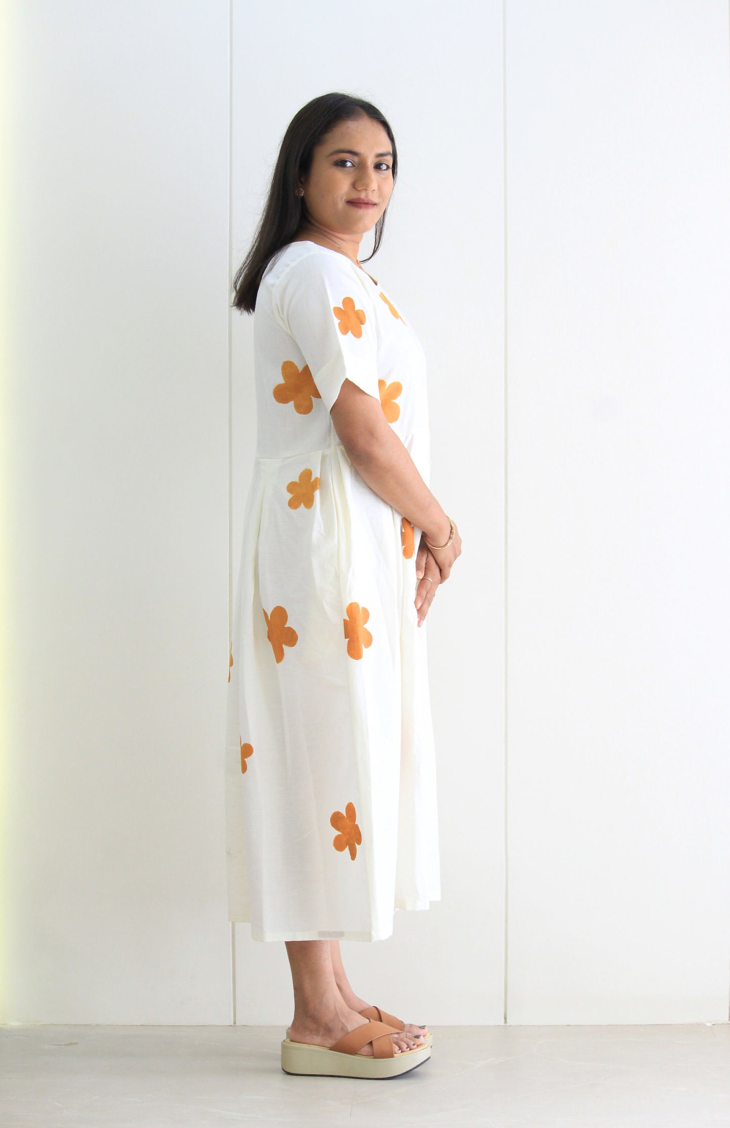 Anaya – White & Marigold Floral Hand Printed Cotton Dress