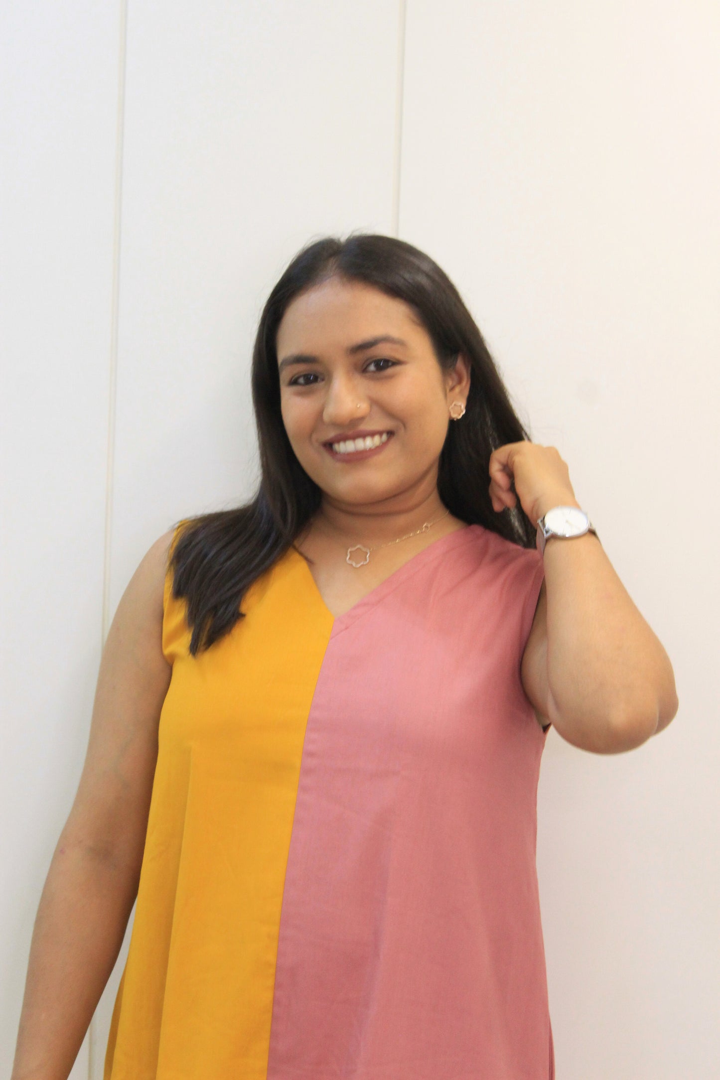 Mohini – Mustard & Pink Flower Embroidered Cotton Dress