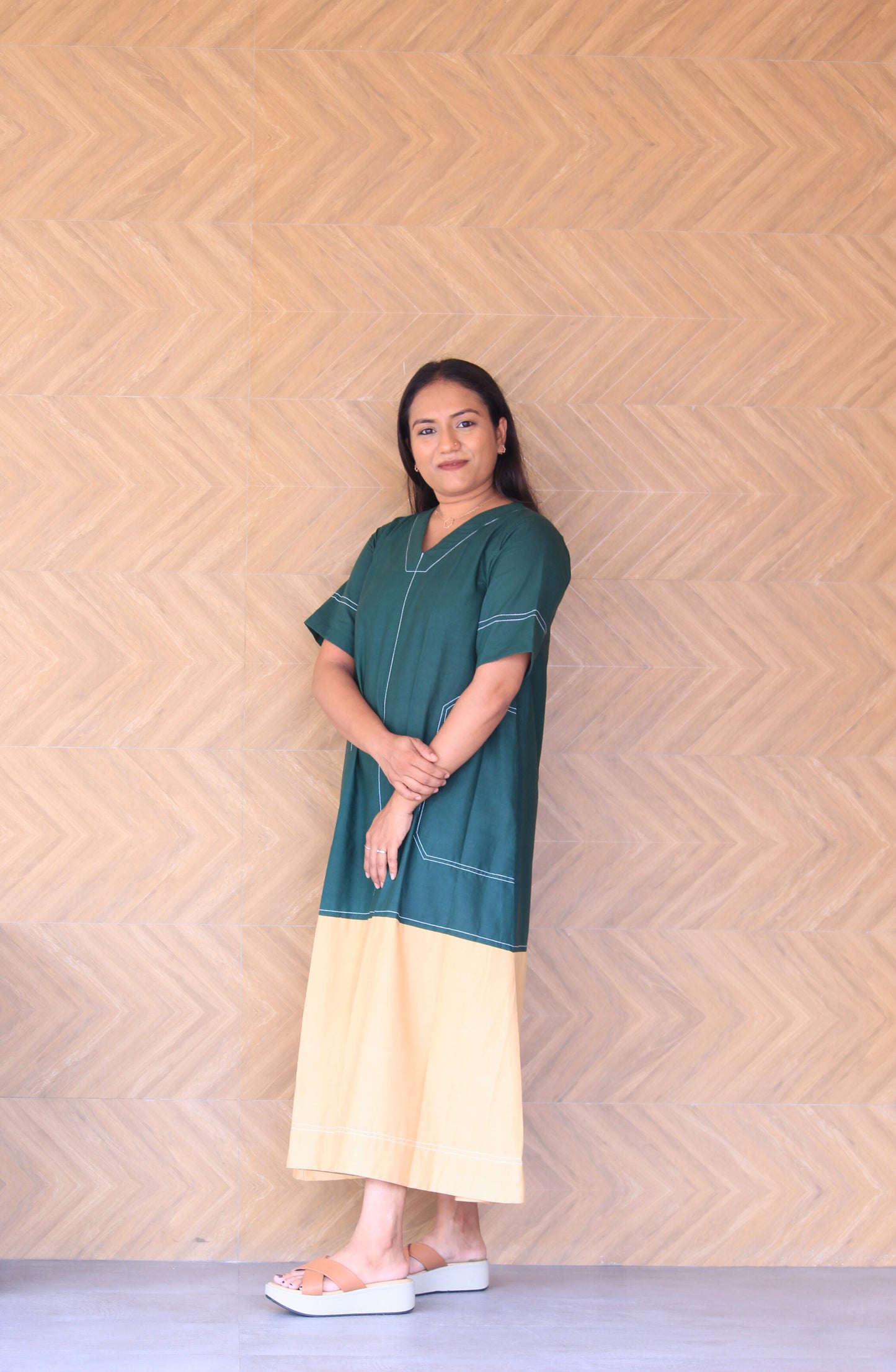 Prakruti – Green & Beige Colour Block Cotton Dress