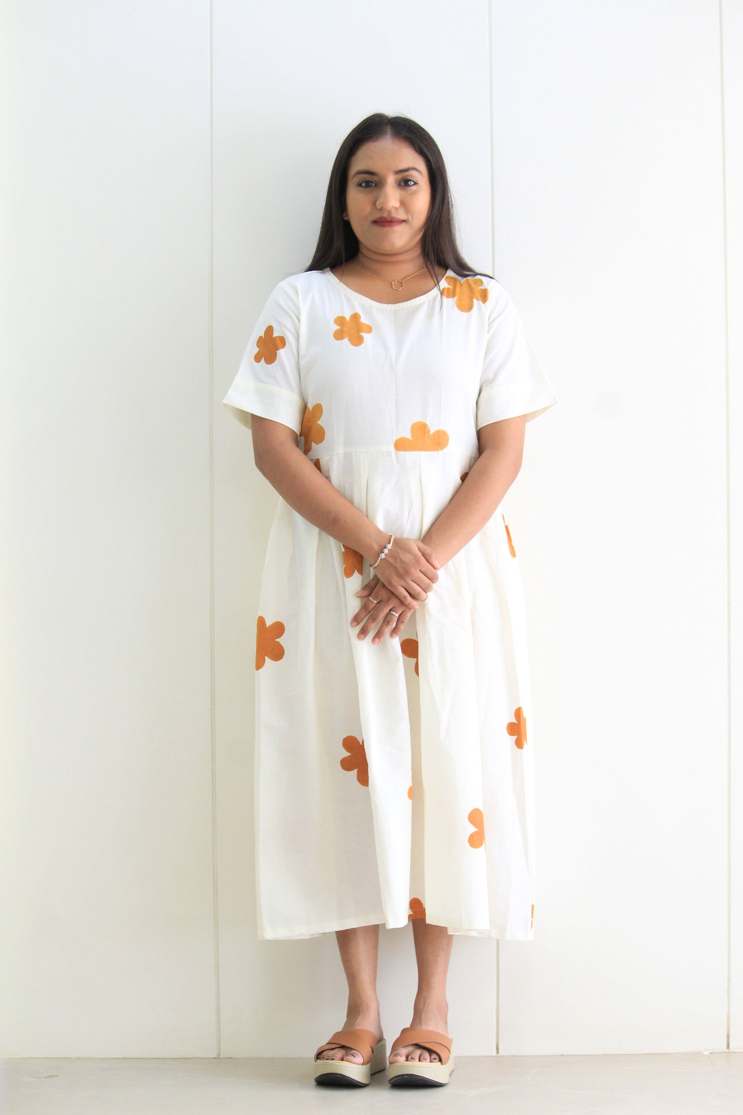 Anaya – White & Marigold Floral Hand Printed Cotton Dress
