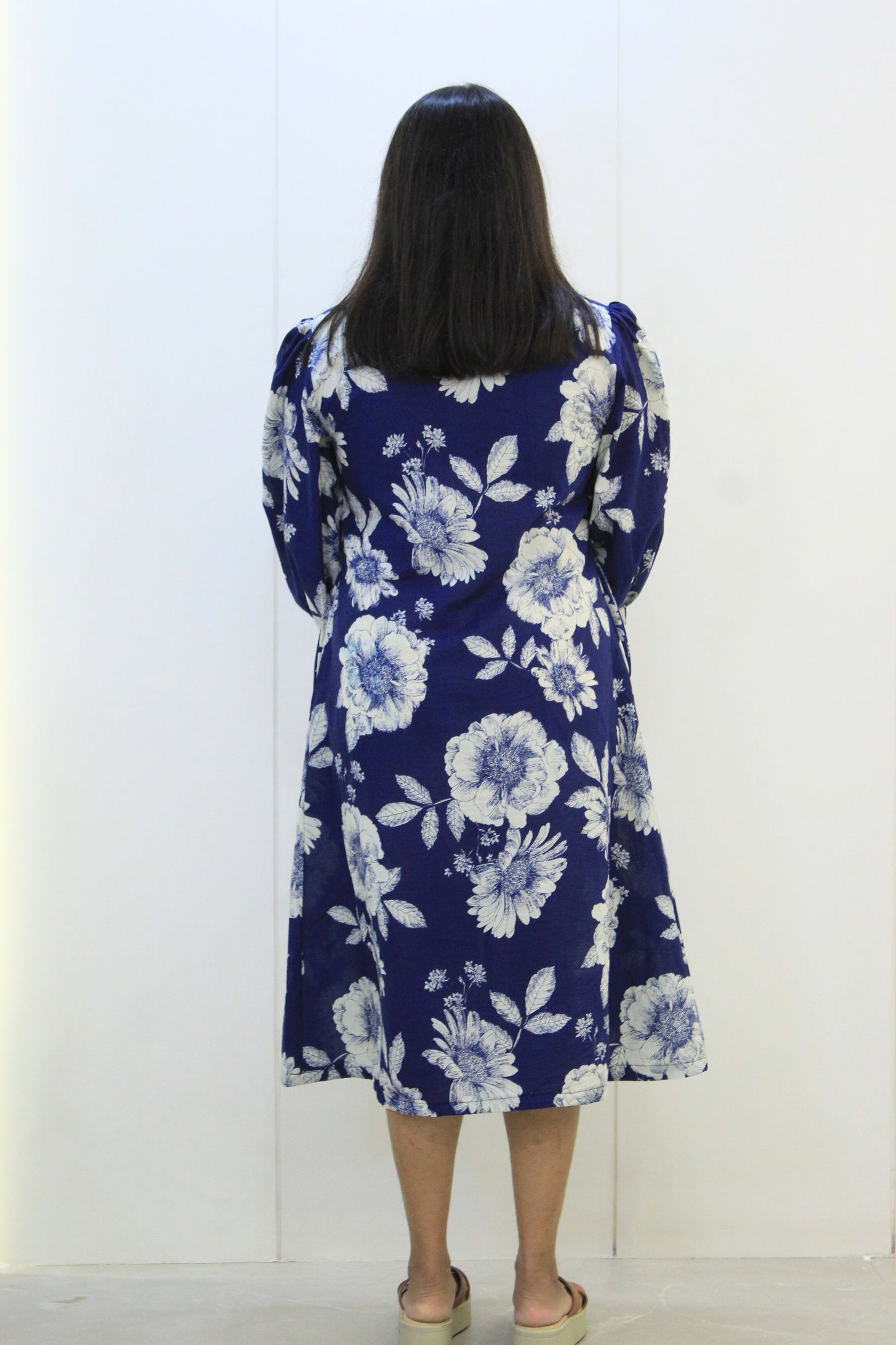 Naina – Blue Floral Cotton Dress with Balloon Sleeves