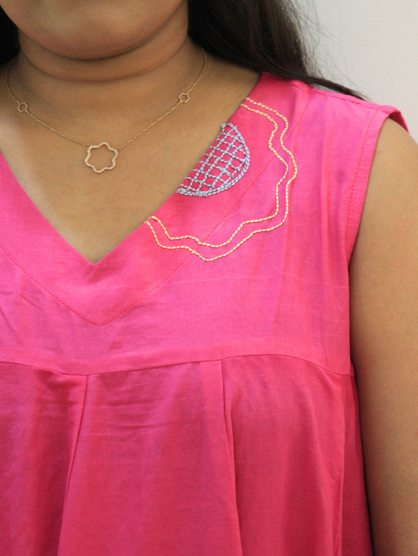 Pankhuri - Pink Embroidered Flared Cotton Dress