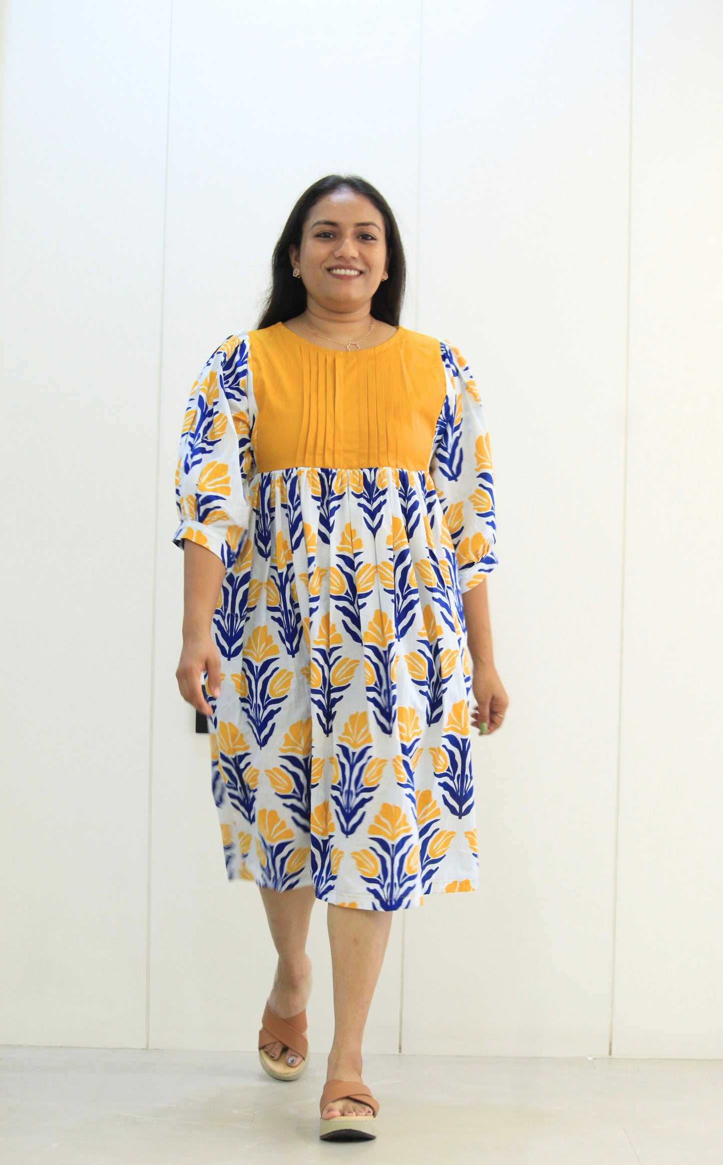 Kanika – Yellow Yoke Floral Printed Cotton Dress