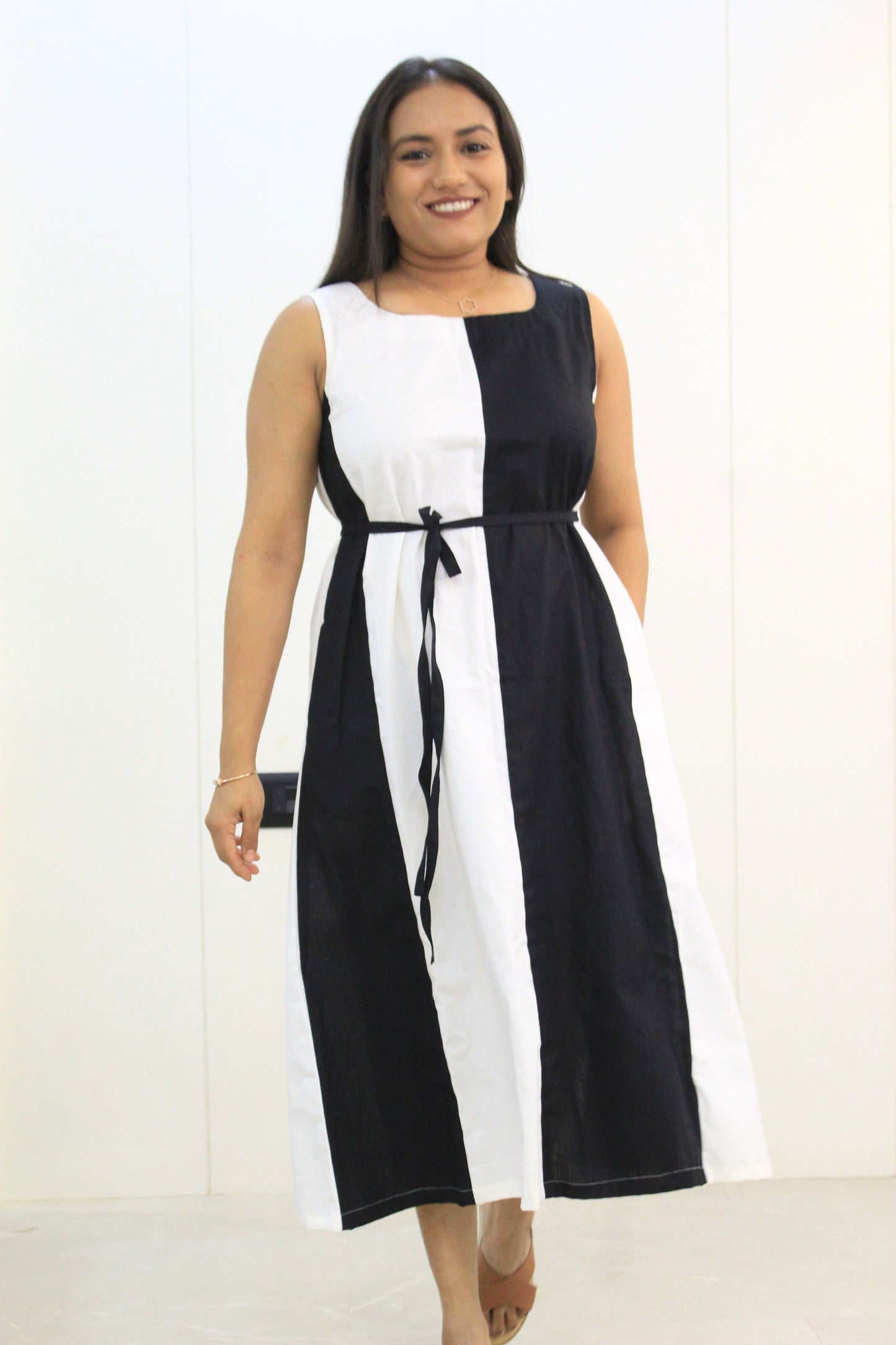 Madhubala – Black & White Colorblock Cotton Dress