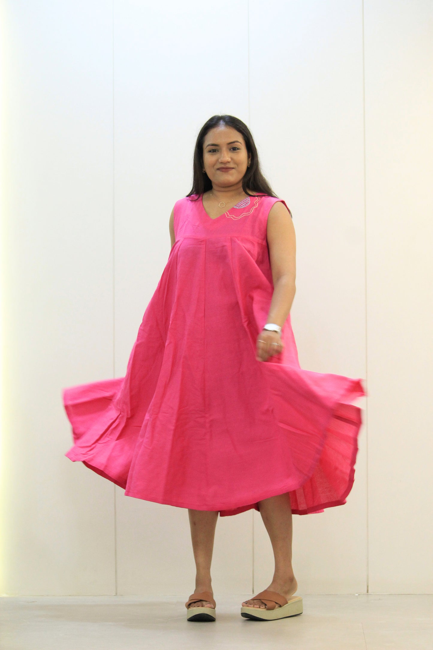 Pankhuri - Pink Embroidered Flared Cotton Dress