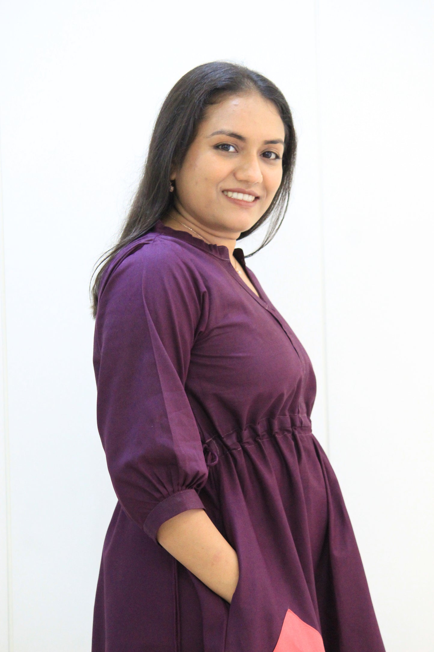 Yashna – Wine & Coral Pink Colorblock Cotton Dress