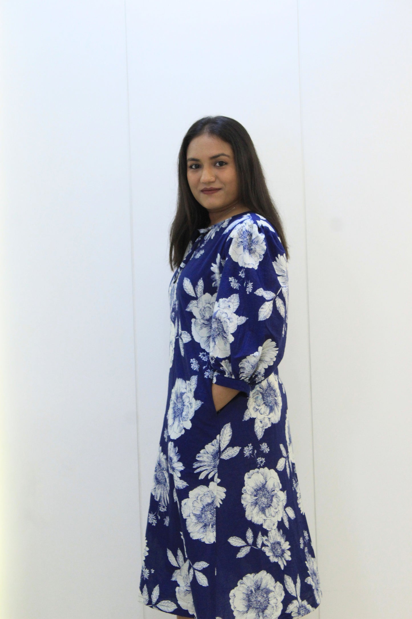 Naina – Blue Floral Cotton Dress with Balloon Sleeves