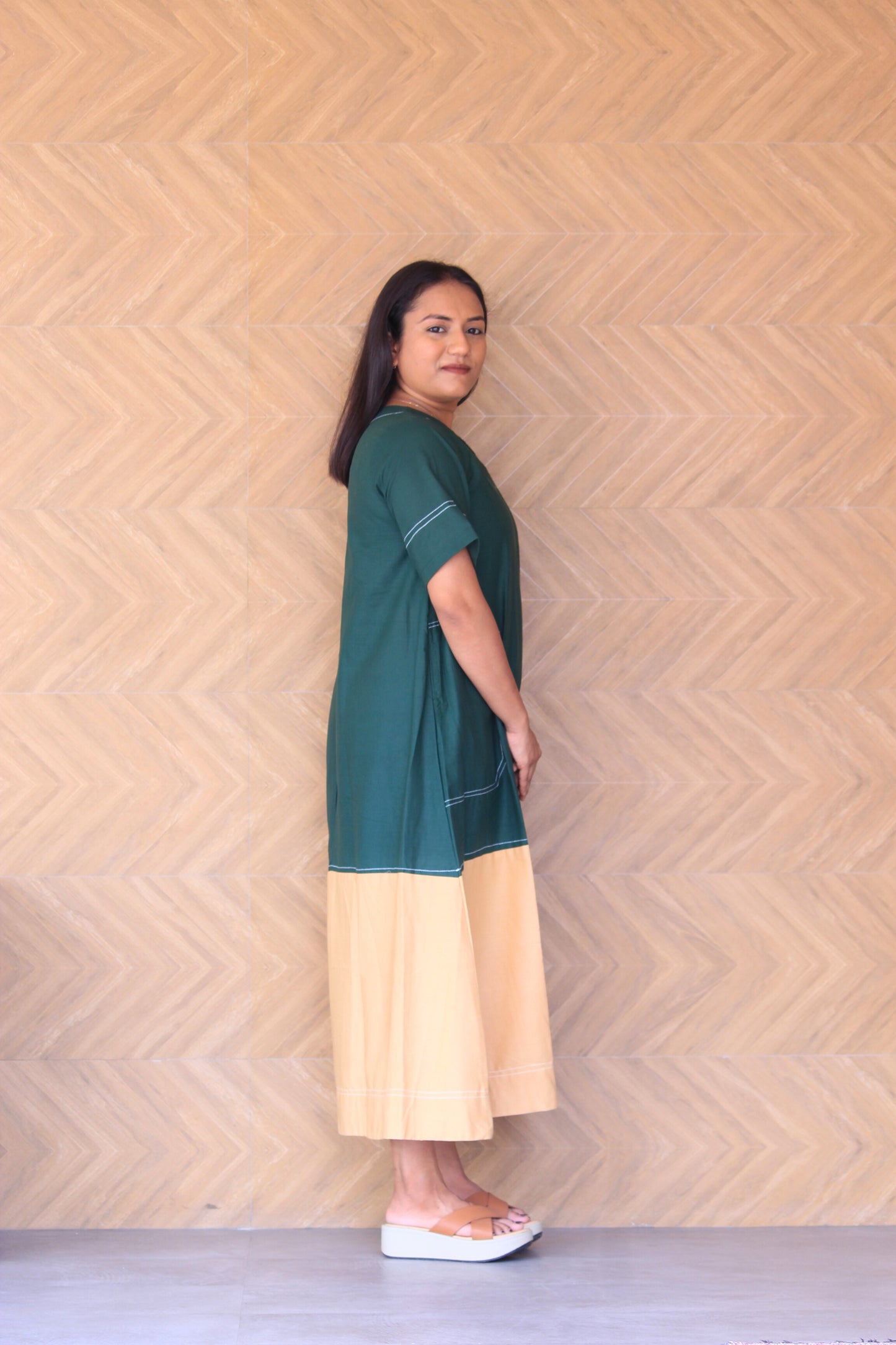 Prakruti – Green & Beige Colour Block Cotton Dress