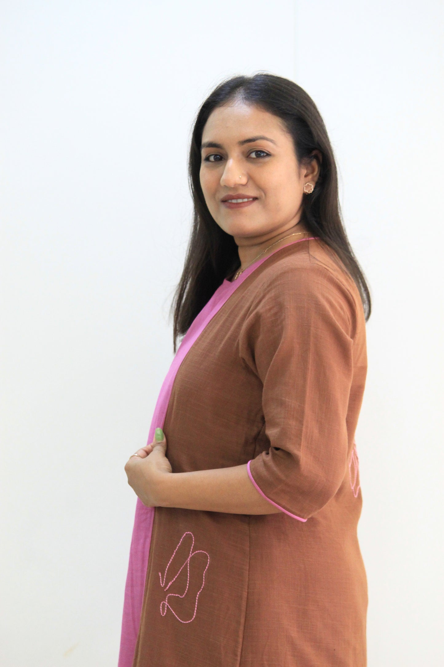 Kavya – Pink & Brown Shrug Cotton Dress