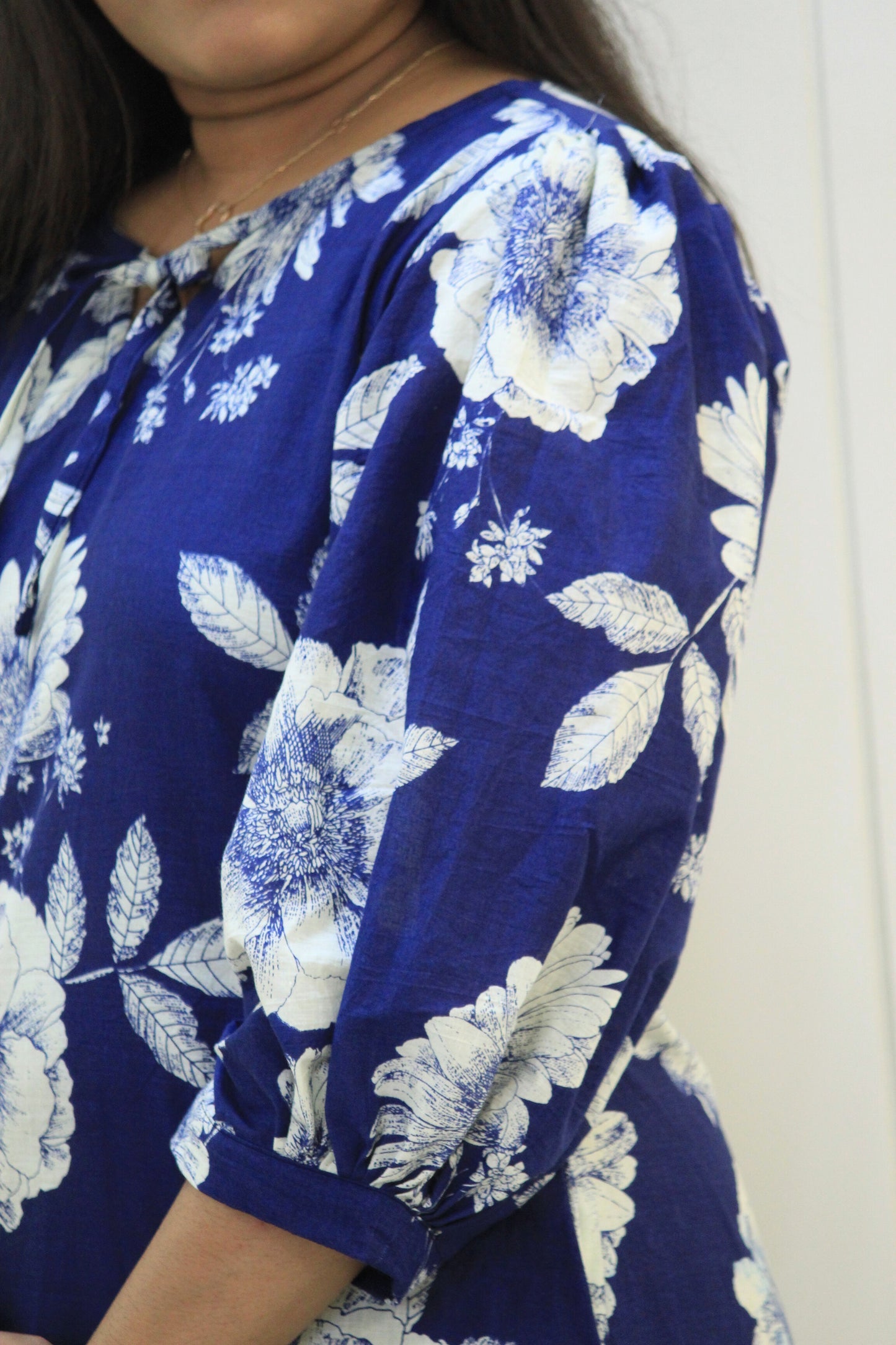 Naina – Blue Floral Cotton Dress with Balloon Sleeves