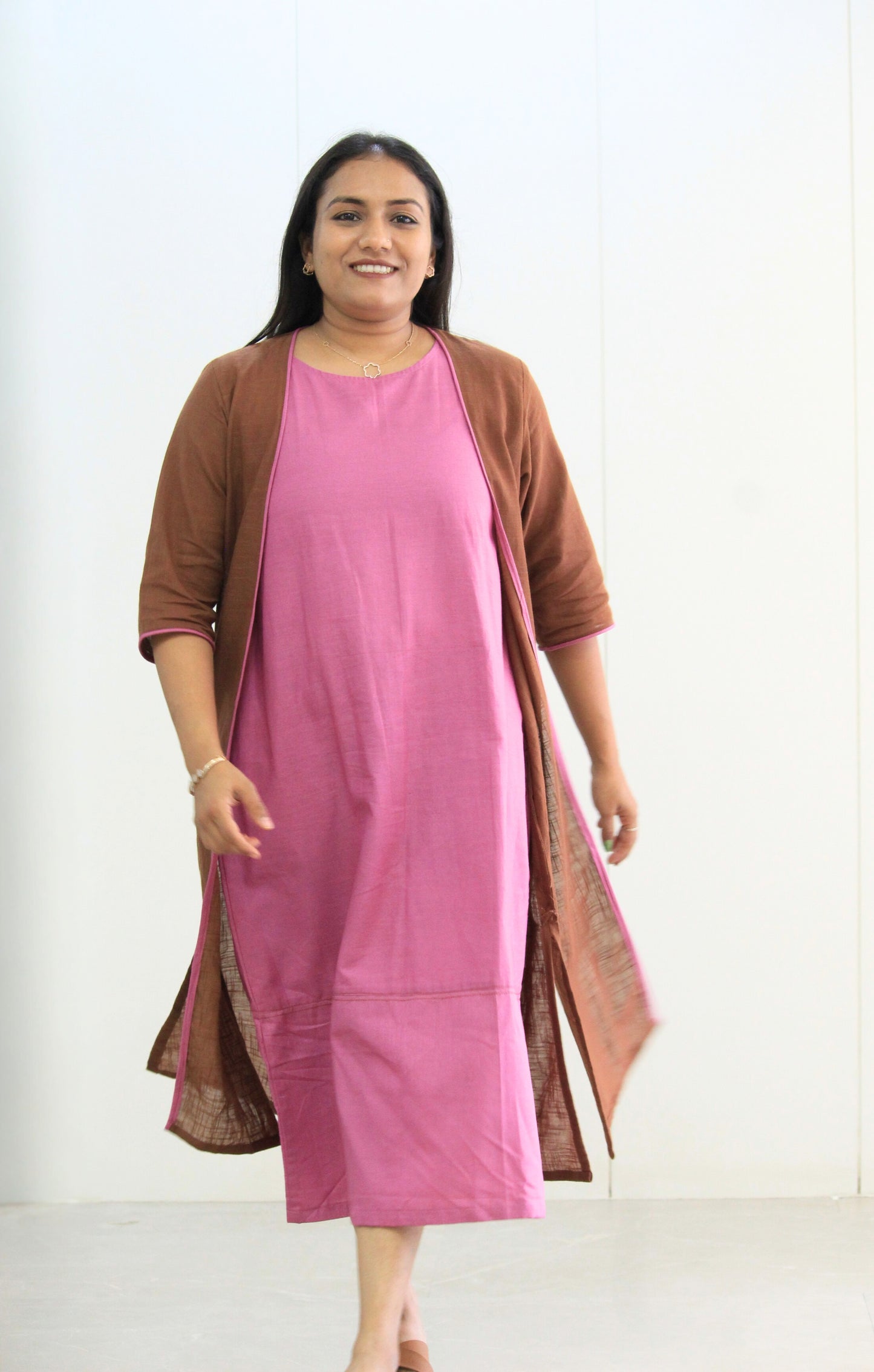 Kavya – Pink & Brown Shrug Cotton Dress