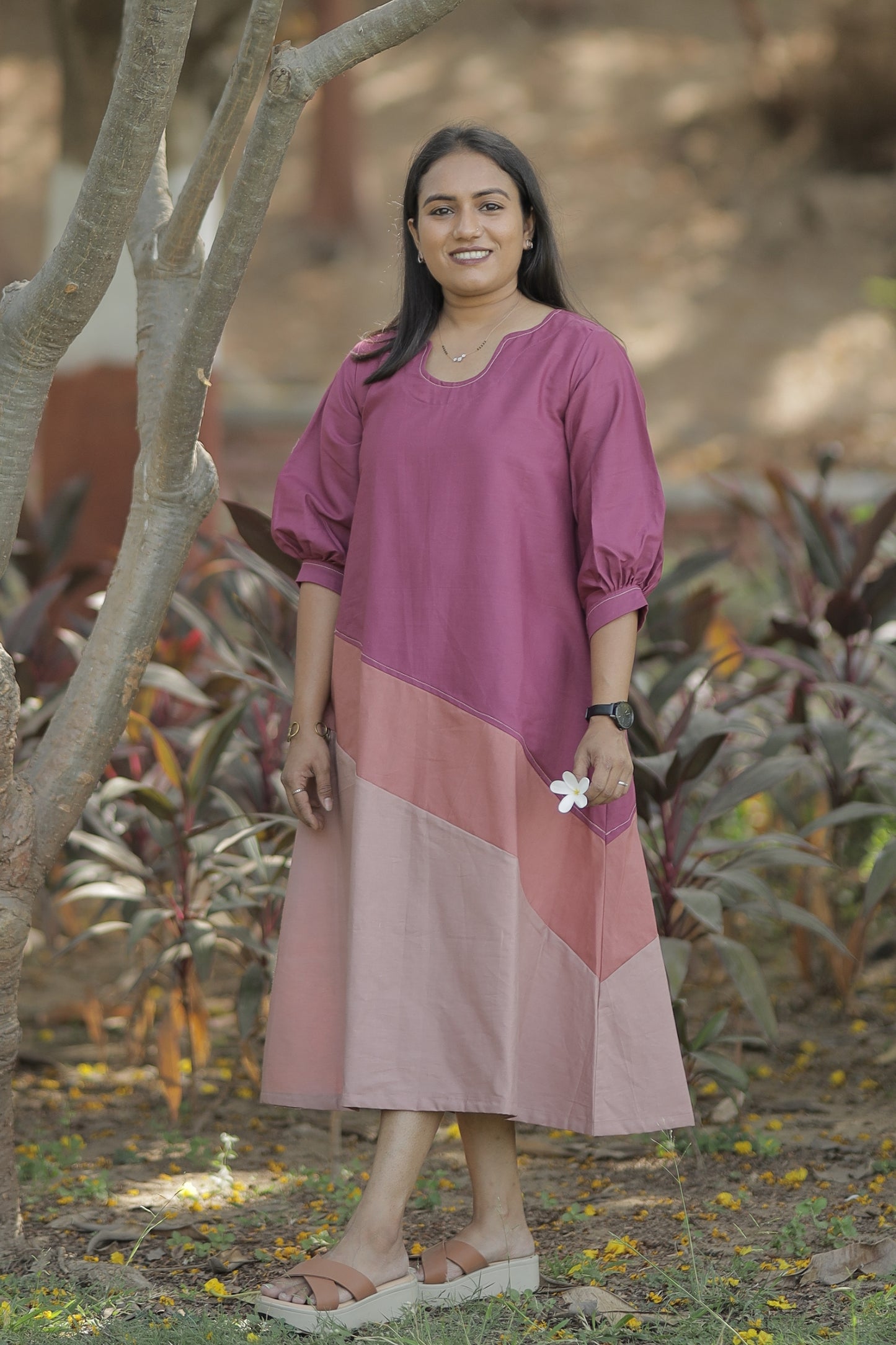 Sahej - Mauve & Blush Colorblock Cotton Dress