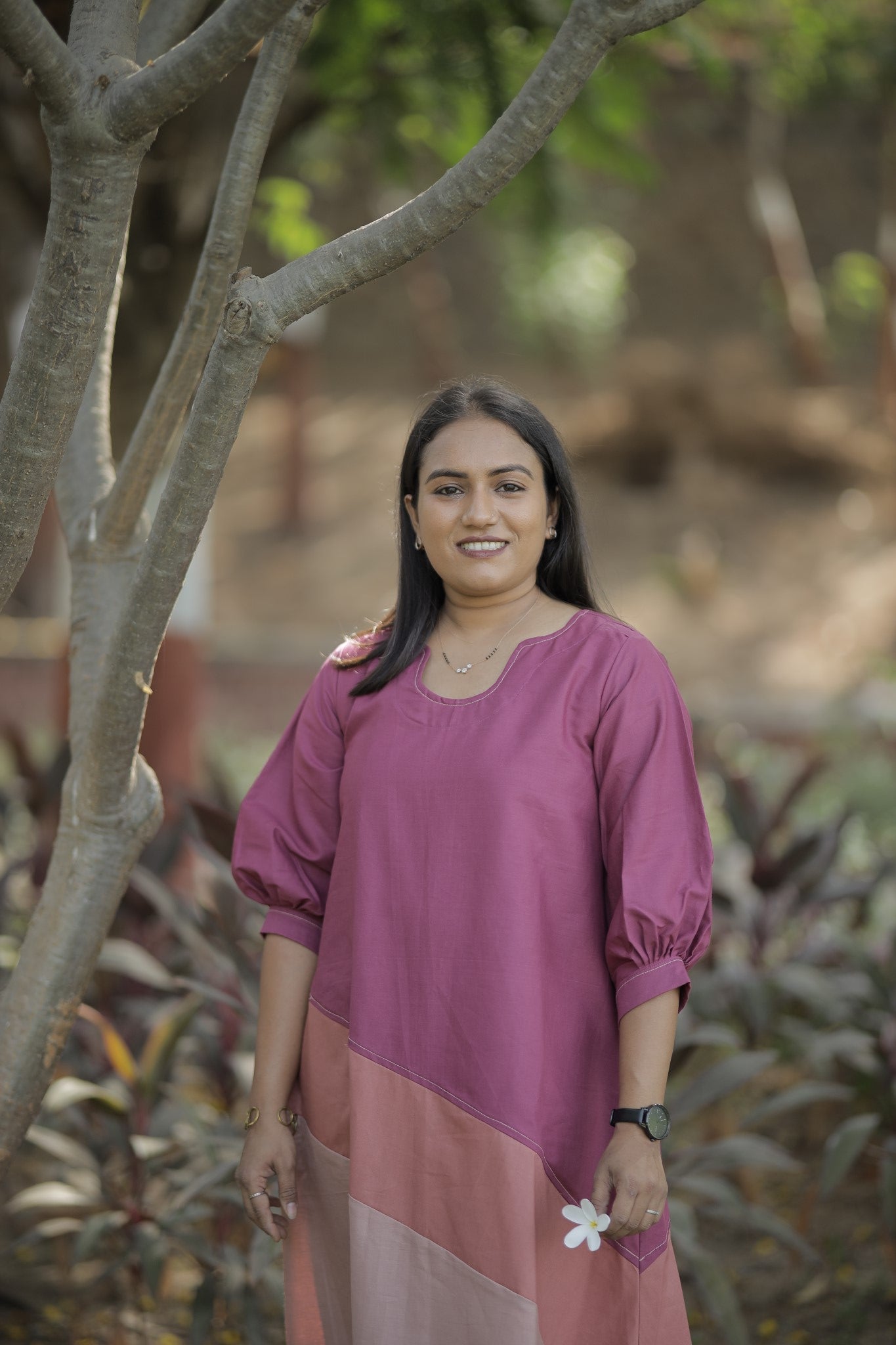 Sahej - Mauve & Blush Colorblock Cotton Dress