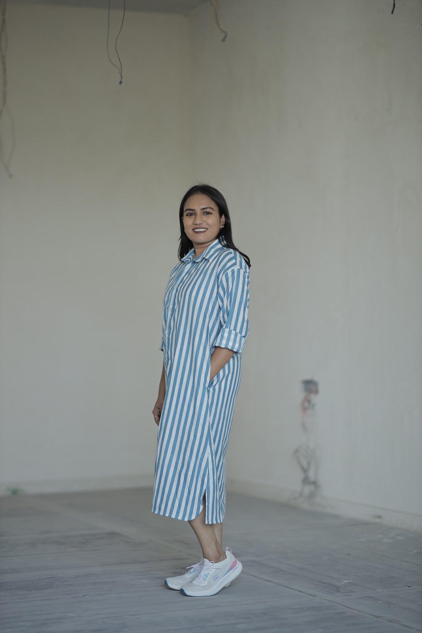 Ruhani – Blue Rose Embroidered Cotton Shirt Dress