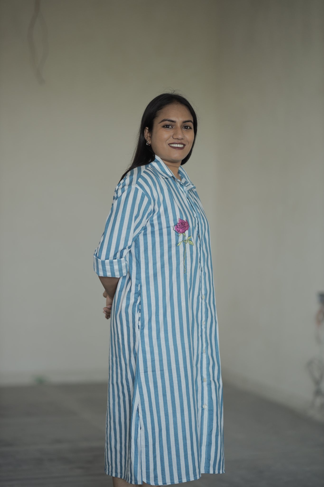 Ruhani – Blue Rose Embroidered Cotton Shirt Dress