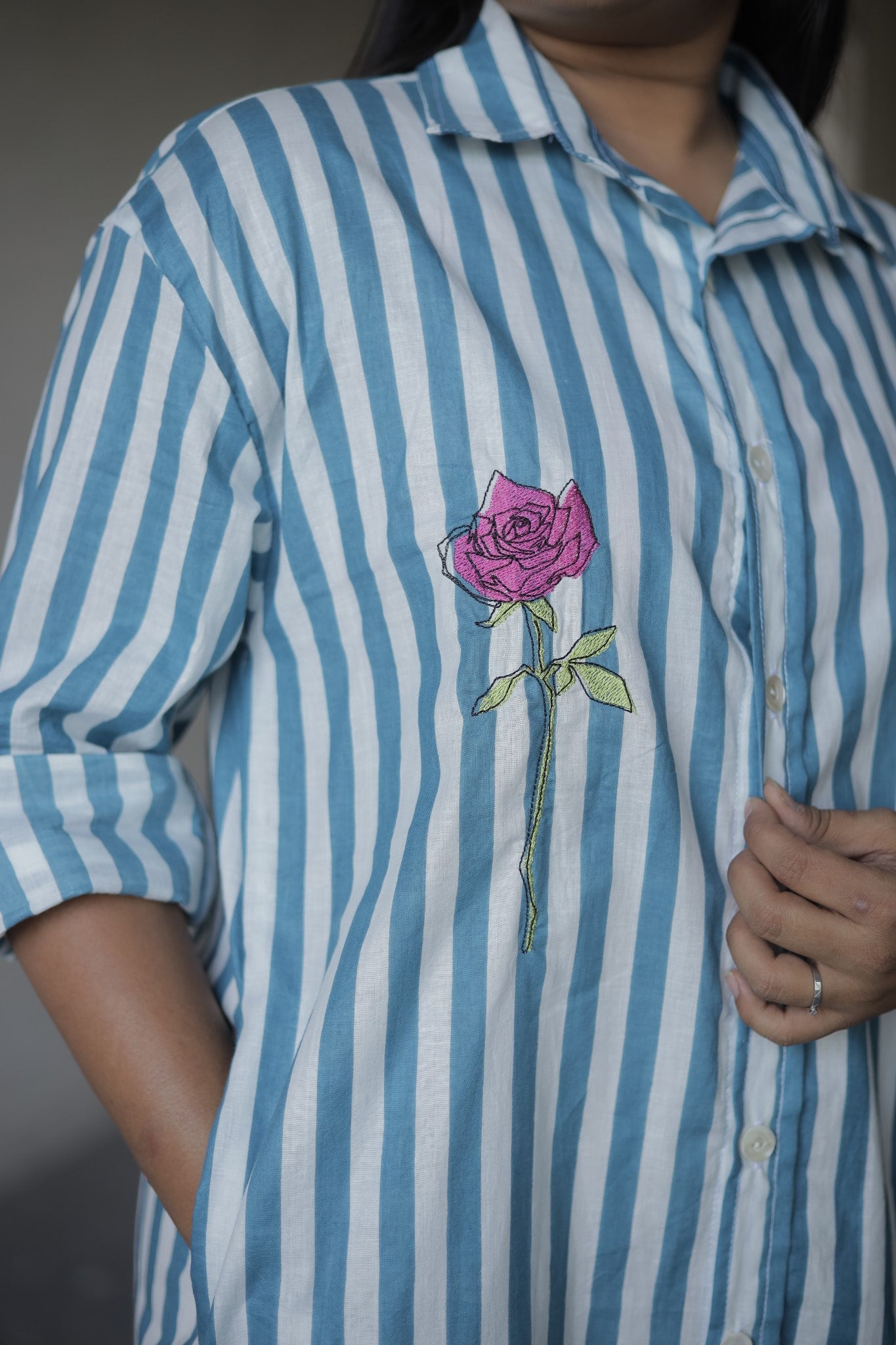 Ruhani – Blue Rose Embroidered Cotton Shirt Dress