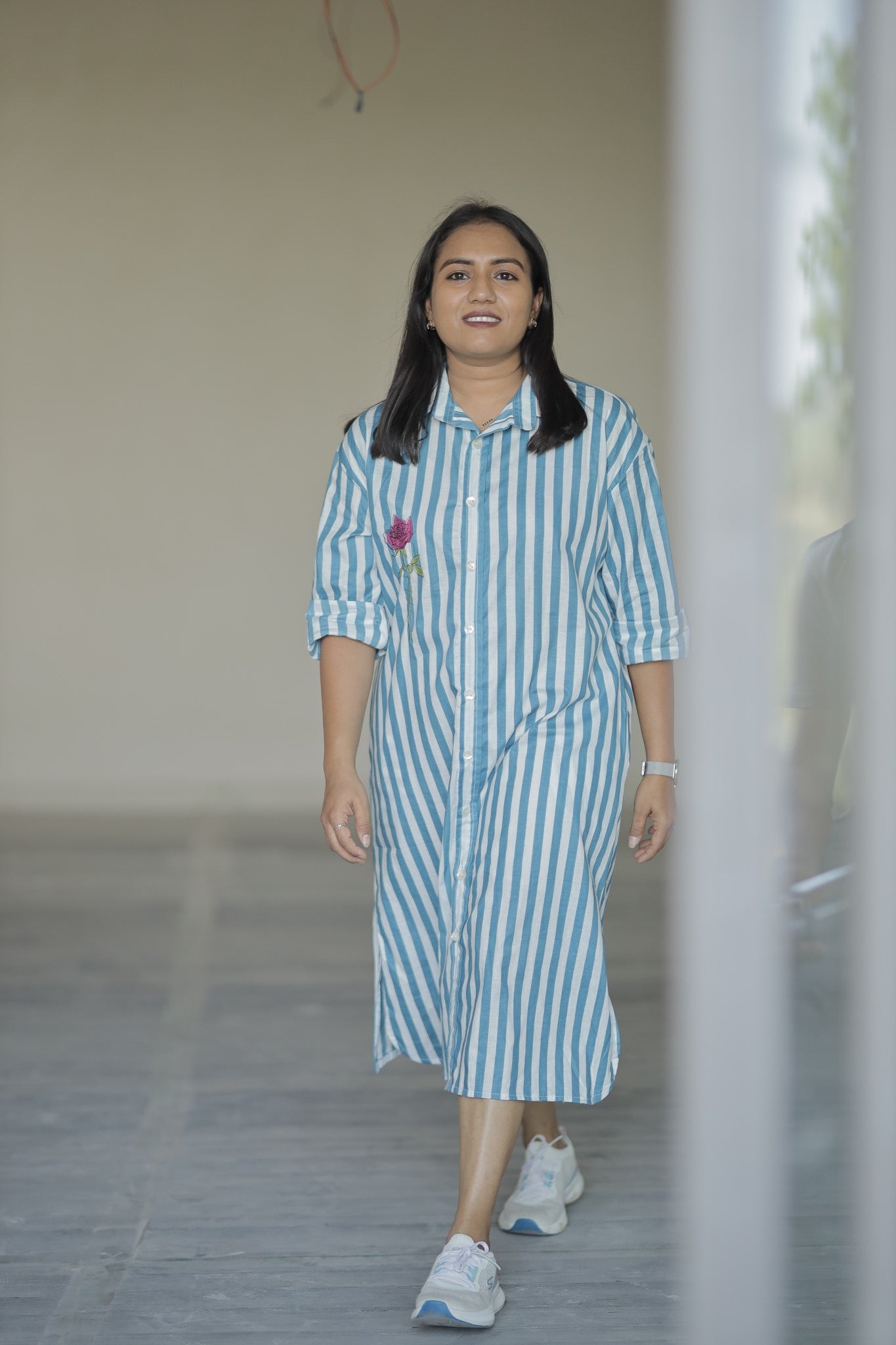 Ruhani – Blue Rose Embroidered Cotton Shirt Dress