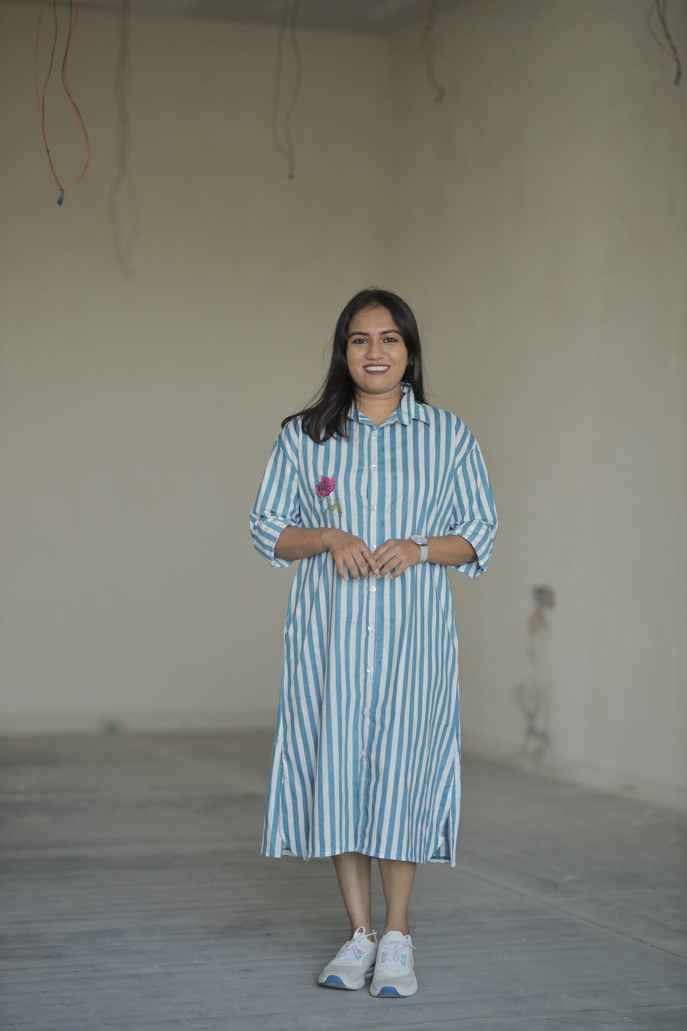 Ruhani – Blue Rose Embroidered Cotton Shirt Dress