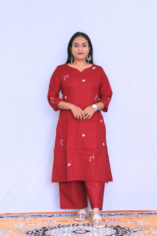 Maroon Embroidered Poplin Cotton Solid Co-ord Set