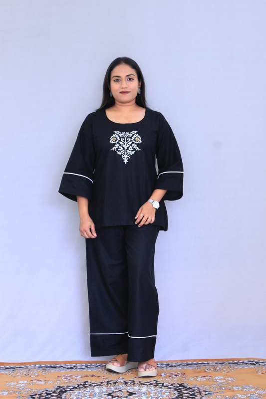 Black Embroidered Poplin Cotton Solid Co-ord Set