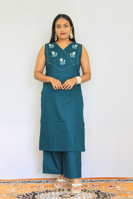 Teal Blue Poplin Cotton Solid Embroidered Co-ord Set