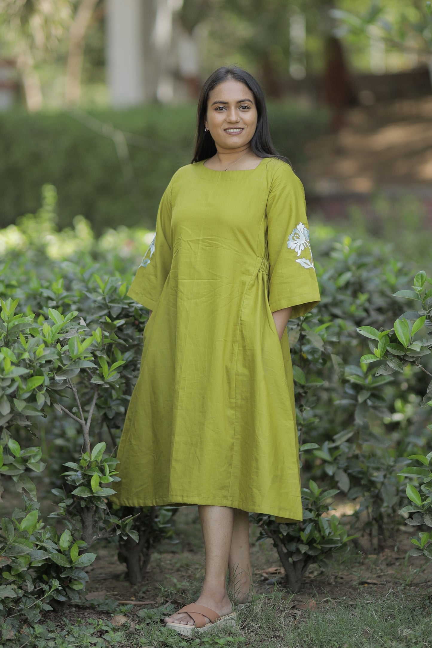 Aaruhi - Olive Embroidered Cotton Midi Dress