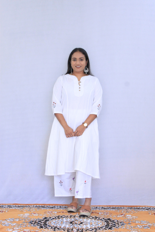 White Poplin Cotton Solid Embroidered Co-ord Set