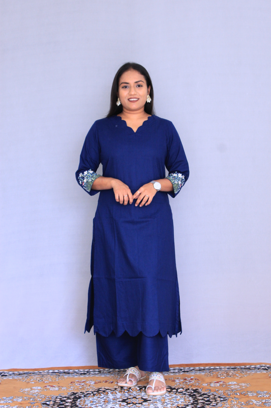 Blue Embroidered Cotton Solid Co-ord Set