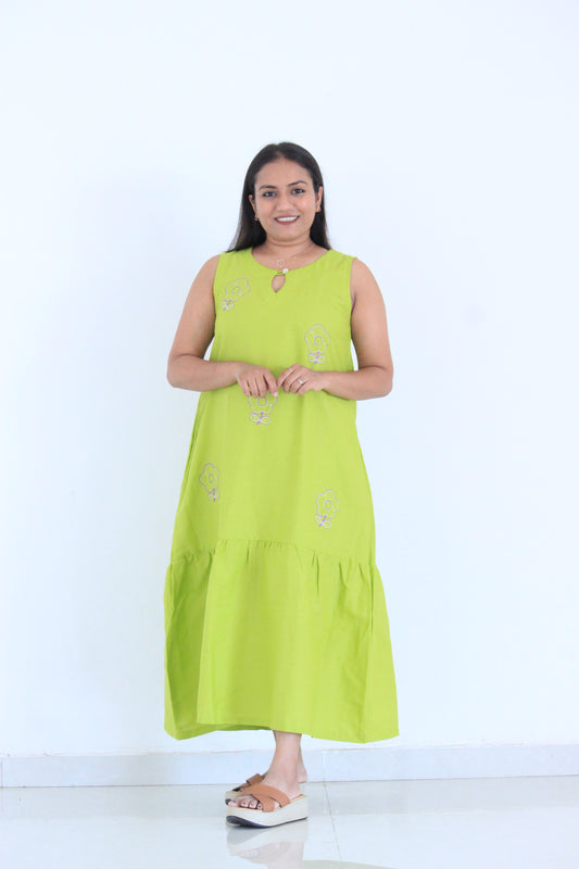 Myra – Lime Green Floral Embroidered Cotton Dress
