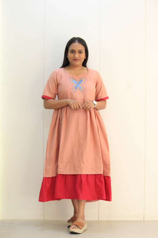 Titli – Peach Blush & Rani Pink Butterfly Cotton Dress