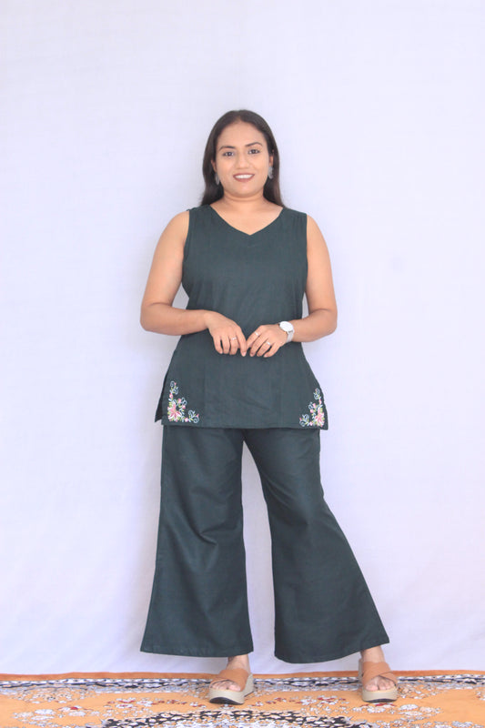 Dark Green Poplin Cotton Solid Embroidered Co-ord Set