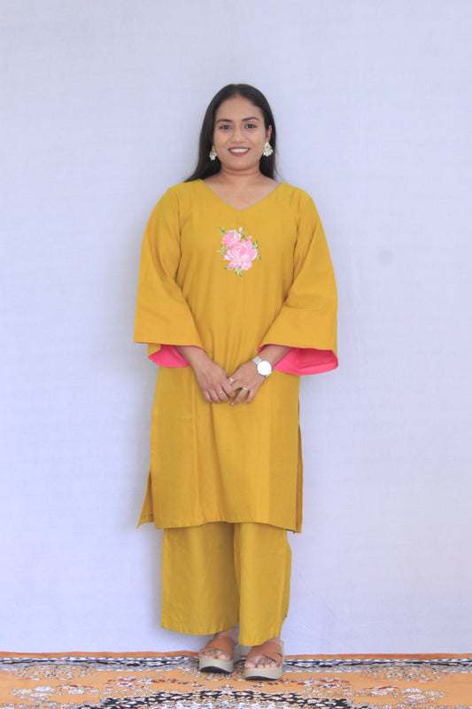 Mustard Yellow Cotton Linen Solid Flower Embroidered Co-ord Set
