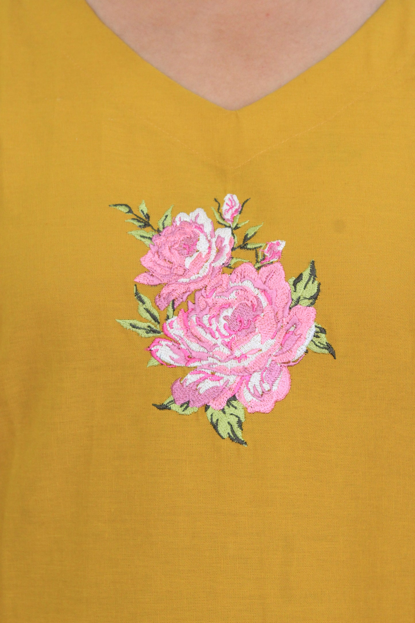 Mustard Yellow Cotton Linen Solid Flower Embroidered Co-ord Set