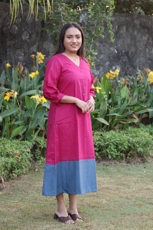 Rani Pink Color Blocked Cotton Dress