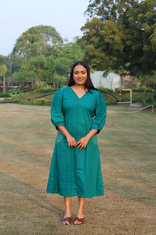Bottle Green Hand Embroidered Cotton Dress