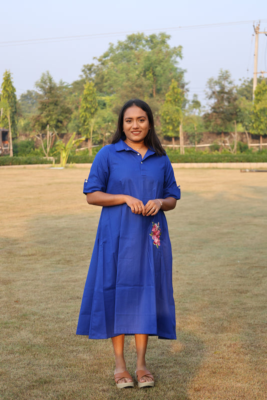 Royal Blue Embroidered Collar Cotton Dress