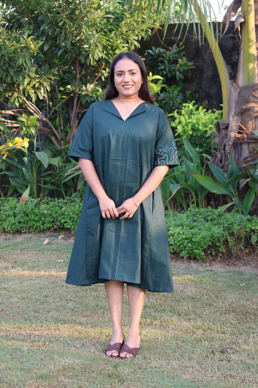 Dark Green Hand Emboidered Cotton Dress